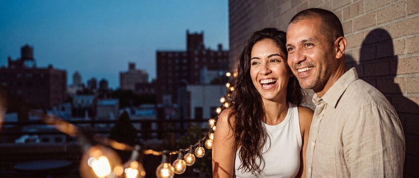 Happy couple laughing on rooftop at night with city skyline background and warm string lights, enjoying a romantic date night outdoor patio party, smiling and sharing a happy moment during summer.