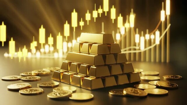 Golden Wealth: A pyramid of gleaming gold bars stands tall, surrounded by scattered gold coins, with an abstract representation of financial market stock charts in the background.
