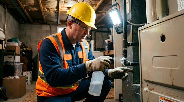 HVAC Technician Inspecting Home Furnace for Gas Leaks | Maintenance Worker Using Spray to Detect Gas Line Issues | Residential Heating System Service and Repair | Professional Utility Inspector