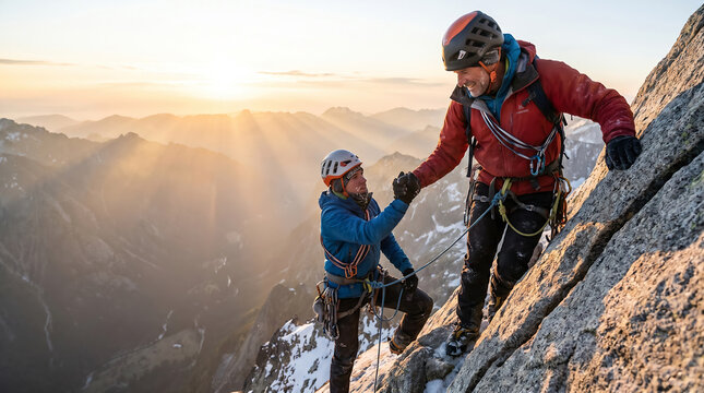 Mountain Rescue Team Helping Climber on Steep Rock Face Leadership and Teamwork Concept