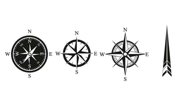 A magnetic nautical compass and map layout featuring a classic compass rose icon for travel navigation and geography orientation
