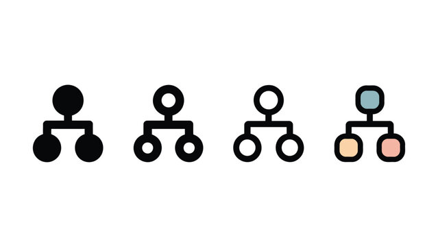 Collection of four different organizational chart icons illustrating business structure and hierarchy with various styles including solid black outline and colored elements