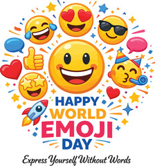 Fototapeta premium Happy World Emoji Day concept with various colorful yellow faces