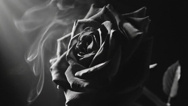 Black and white close up of a rose with smoke flowing around it, adding an elegant, romantic, and mysterious atmosphere.