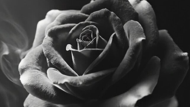 Black and white close-up of a rose with smoke, a melancholic and evocative floral portrait