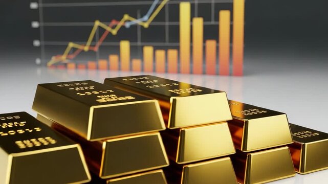 Gold Bars and Financial Growth: Piles of gleaming gold bars are stacked in front of a blurred background of financial charts and graphs, symbolizing wealth and investment growth.