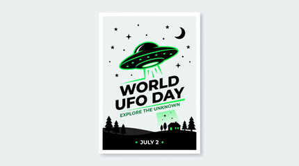World UFO Day Poster: Flying Saucer, Stars, Moon, Explore the Unknown © Nak
