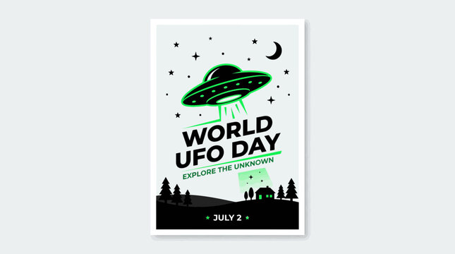 World UFO Day Poster: Flying Saucer, Stars, Moon, Explore the Unknown