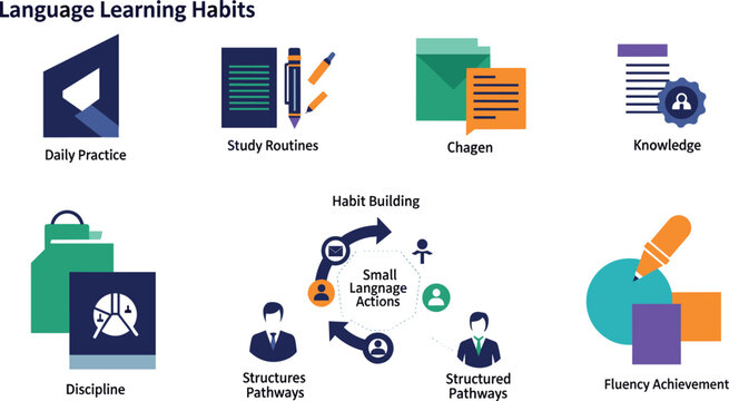  Language learning habits and education routine infographic vector icon set featuring study planning habit building and fluency achievement presentation materials