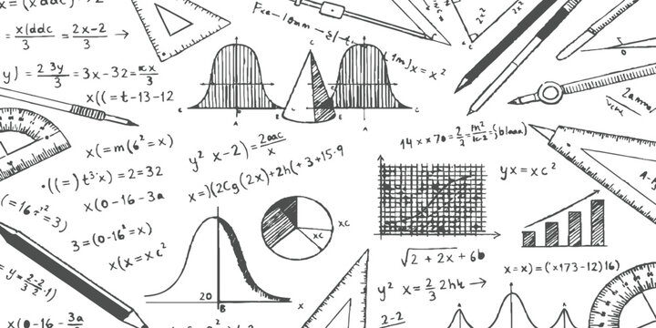 Hand drawn math and physics science formulas geometry equations and graphs educational background vector illustration.