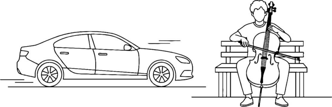 Illustrated car and cellist in contrasting lifestyle scene.