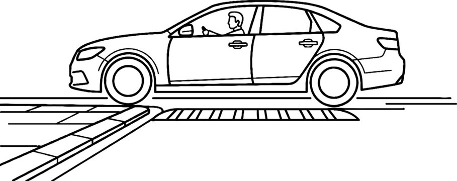 Modern Sedan Car Driving Over Textured Speed Bumps.