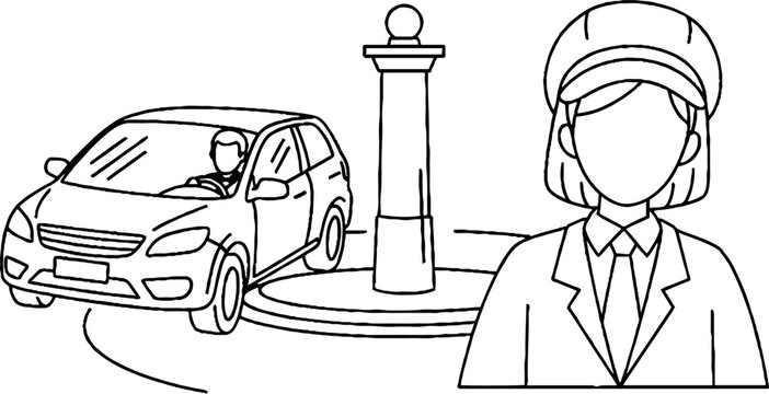Female traffic officer directing car at roundabout checkpoint.