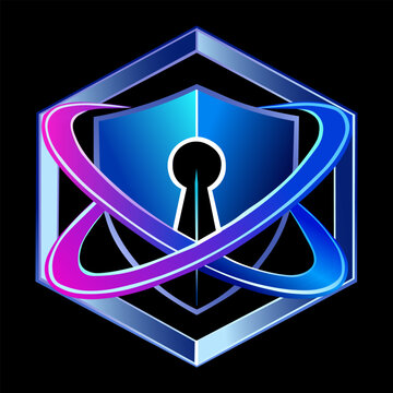 Abstract cyber security shield logo icon with neon hexagon frame keyhole and technology orbit rings
