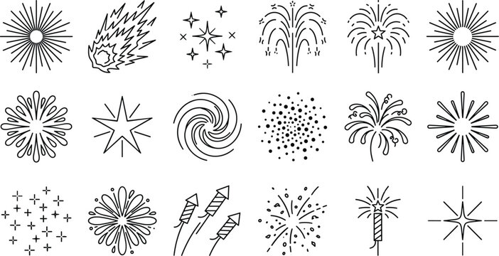 Fireworks and Celebration Line Art Vector Icon Set Featuring Rockets Sparklers Comet Trails Starbursts and Festival Pyrotechnics Illustration