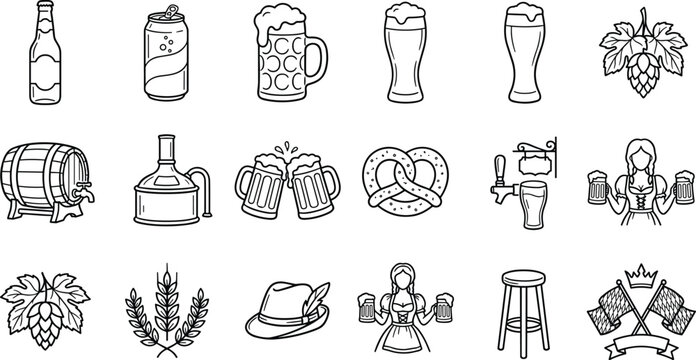 Oktoberfest and Brewery Line Art Vector Icon Set Featuring Beer Mugs Bottles Wooden Barrel Pretzel Hops and Bavarian Girls Illustration
