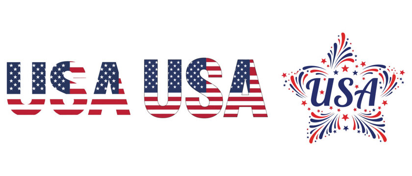 Usa text with american flag pattern and star shape with patriotic fireworks design