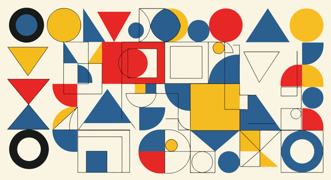Bauhaus style geometric pattern vector, abstract mid-century modern background with primary colors, minimalist shapes and lines illustration