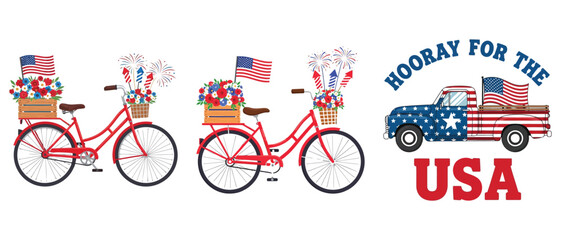 Fototapeta premium Patriotic 4th of july set with vintage red bicycles and pickup truck decorated with american flags and flowers