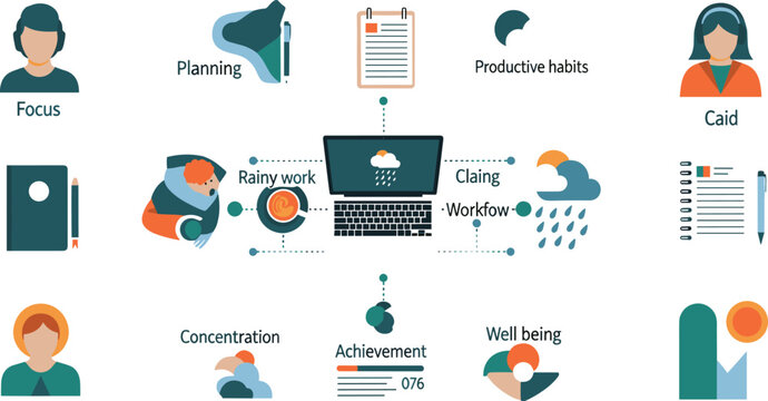 Work productivity and mental well being infographic icon set for focus time management habit tracking self care and corporate training presentation materials