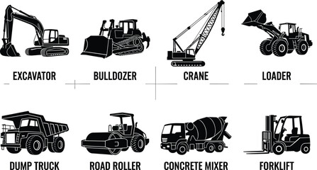 Black Construction Machinery Silhouette Illustrations Featuring Excavator Bulldozer Crane Loader Dump Truck Roller Mixer and Forklift © Niheranjan