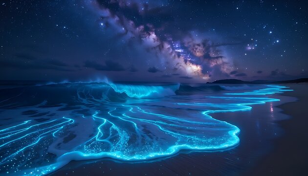 Bioluminescent waves crashing on dark beach under starry night sky with aurora glow