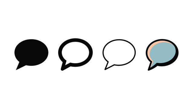 Collection of four speech bubble icons in various styles showcasing solid black outline thin outline and colored fills representing communication concepts