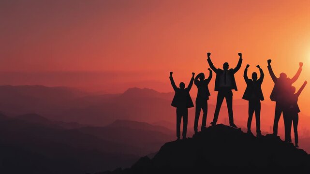 Group of businesspeople celebrating success on mountaintop at sunset with inspiring silhouettes
