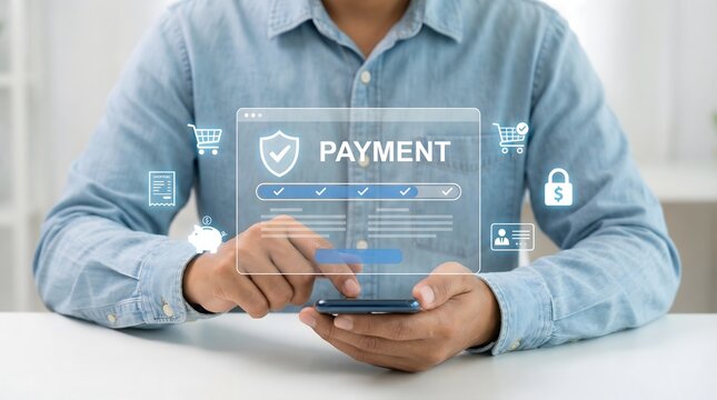 Man using a smartphone with a payment interface displayed on the screen