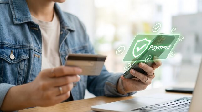 Person holding a credit card and smartphone with secure payment shield icon