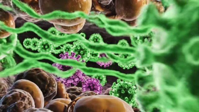 Microscopic view of a virus particle attaching to a human cell surface