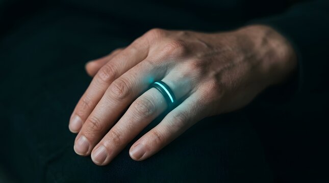 Smart ring with glowing cyan light sensor worn on finger for advanced sleep tracking tech.