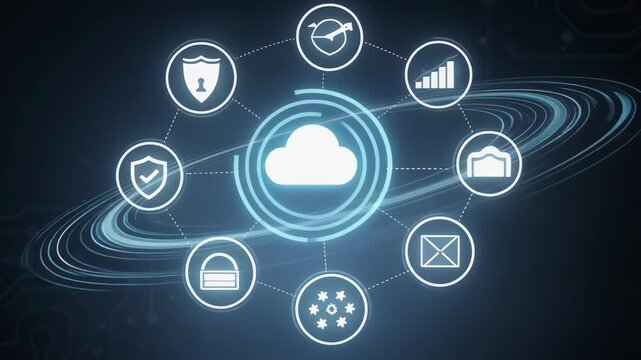 Hand interacting with floating glowing icons of cloud security settings and data technology interface