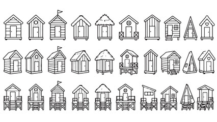 Obraz premium Beach hut line icon set. Cabana house, seaside cabin, lifeguard hut, changing booth, coastal shelter outline vector illustrations. Symbols for beach resort on white background.