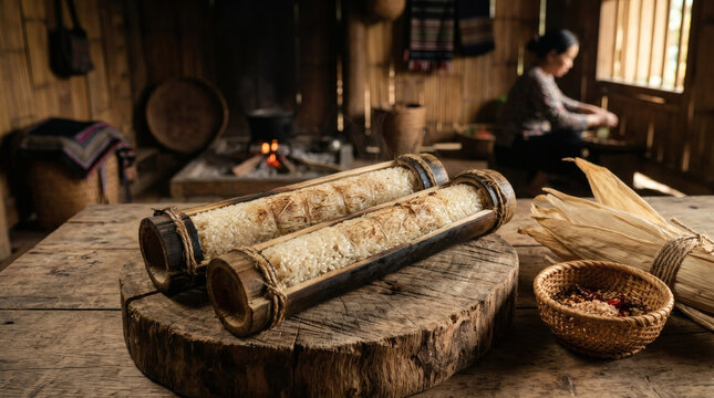 Com Lam Sticky Rice in Bamboo Tubes on Rustic Wooden Slice