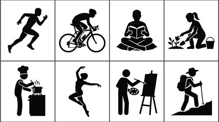Fototapeta premium Black Silhouette Illustrations Depicting Running Cycling Reading Gardening Cooking Dancing Painting and Hiking Leisure Activities