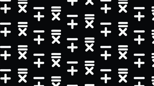 Abstract math symbol pattern with repeated plus minus multiplication and division signs arranged in geometric grid on black background