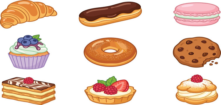 Bakery and Sweet Dessert Vector Icon Set with Croissant, Chocolate Eclair, Macaron, Cupcake, Tart, and Mille Feuille Pastry Illustrations