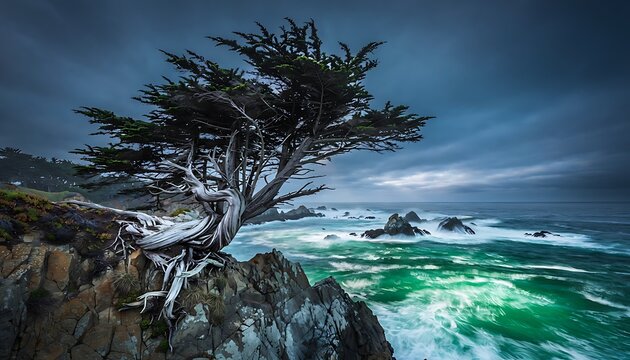 Twisted cypress tree on rocky cliff overlooking stormy ocean waves at dusk