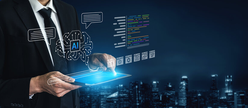 A businessman engages with a digital tablet featuring artificial intelligence visuals and coding elements, set against a modern city skyline, showcasing future technology. Cyphers