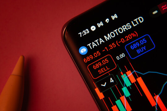 Dhaka, Bangladesh- 08 Sep 2025: Close-up of a phone screen showing Tata Motors Ltd stock market data with a candlestick chart.
