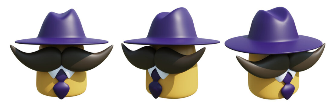3D character with a purple hat and large black mustache in front, side, and perspective views