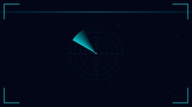 Futuristic teal radar scan on a dark blue digital screen with targets and starry background