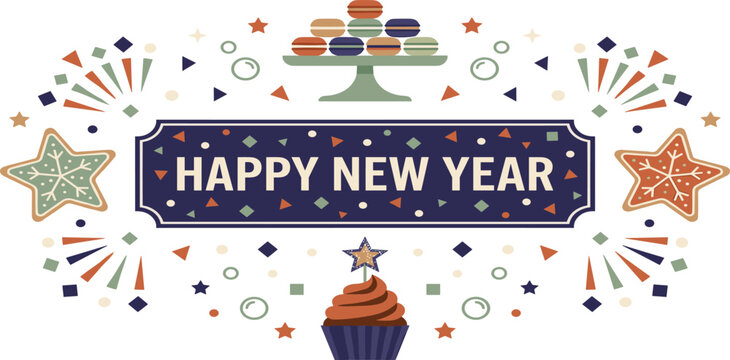 Happy New Year Greeting Card Vector Banner with Sweet Macarons Tower, Festive Cupcake, Gingerbread Cookies, and Retro Confetti Decorations