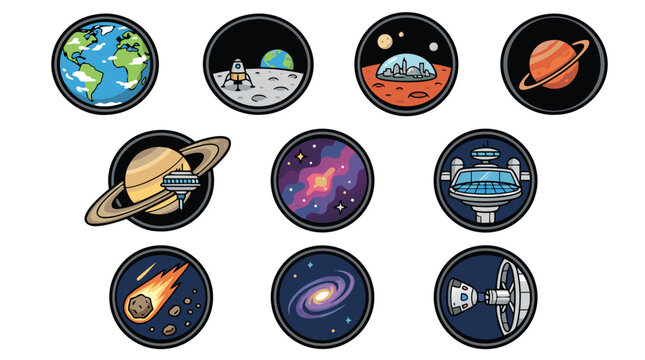Bold outline space tourism icon set with rocket windows, planets, stars, and galaxies, filled with vibrant colors for futuristic travel technology and cosmic exploration vector graphics.