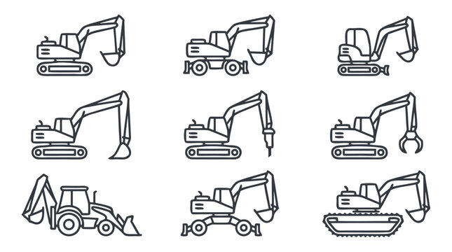 Industrial vector icon collection showcasing heavy machinery and excavators in a sleek, minimalist line art style. Ideal for construction company branding, technical manuals, and web site layouts.