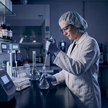 Scientist in lab coat carefully pipetting liquid into glass flask under cool blue lighting