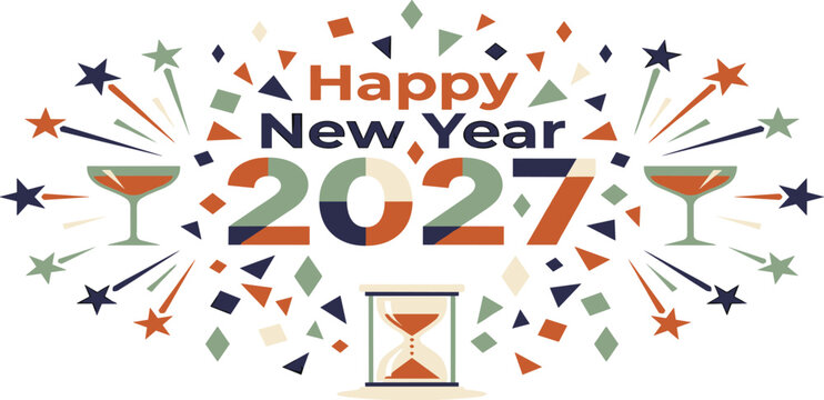 Happy New Year 2027 Vector Greeting Banner with Retro Geometric Typography, Hourglass Countdown, Cocktail Glasses, and Starburst Confetti