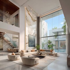 Fototapeta premium Interior space features a high-ceiling living area with marble wall accents and a view overlooking a backyard pool.