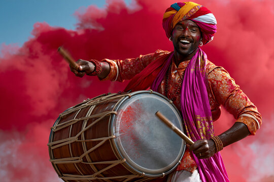 Hindu drummer playing Dhol drum during Ganesh Visarjan street procession with red gulal powder exploding in the air. Ganesh Chaturthi celebration. Lifestyle shot for poster